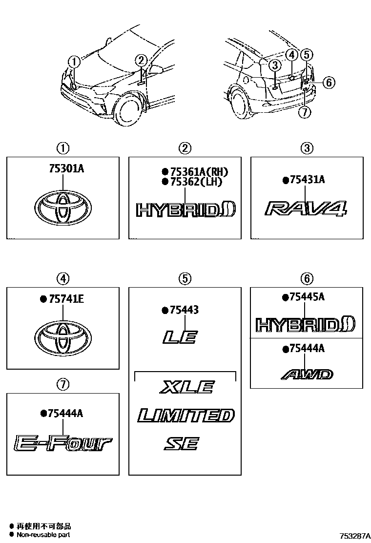 Toyota RAV4 徽标和铭牌 EPC diagram — 753287A