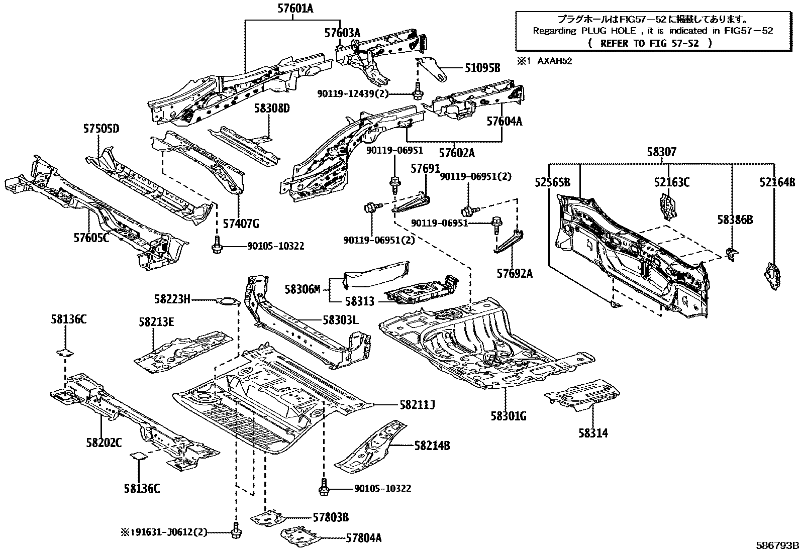 Toyota RAV4 后地板和后地板梁 EPC diagram — 586793B