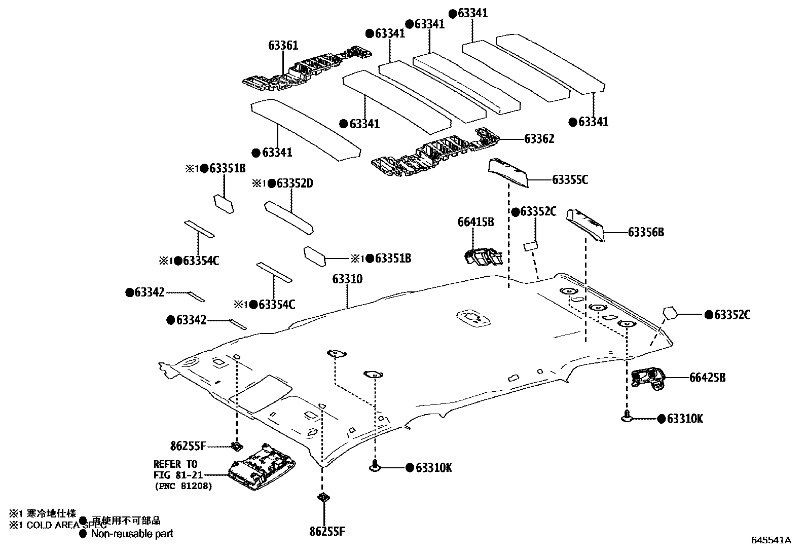 Toyota RAV4 车顶内衬和消声垫 EPC diagram — 645541A