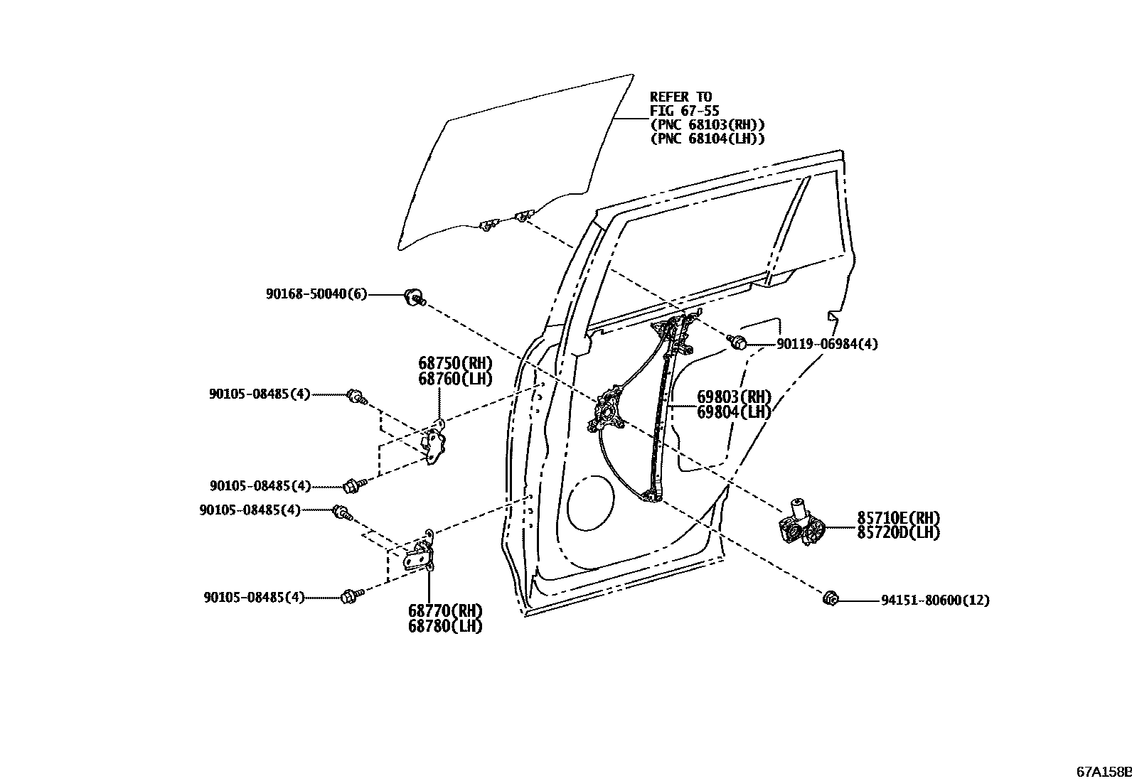 Toyota RAV4 后门车窗升降器和合页 EPC diagram — 67A158B