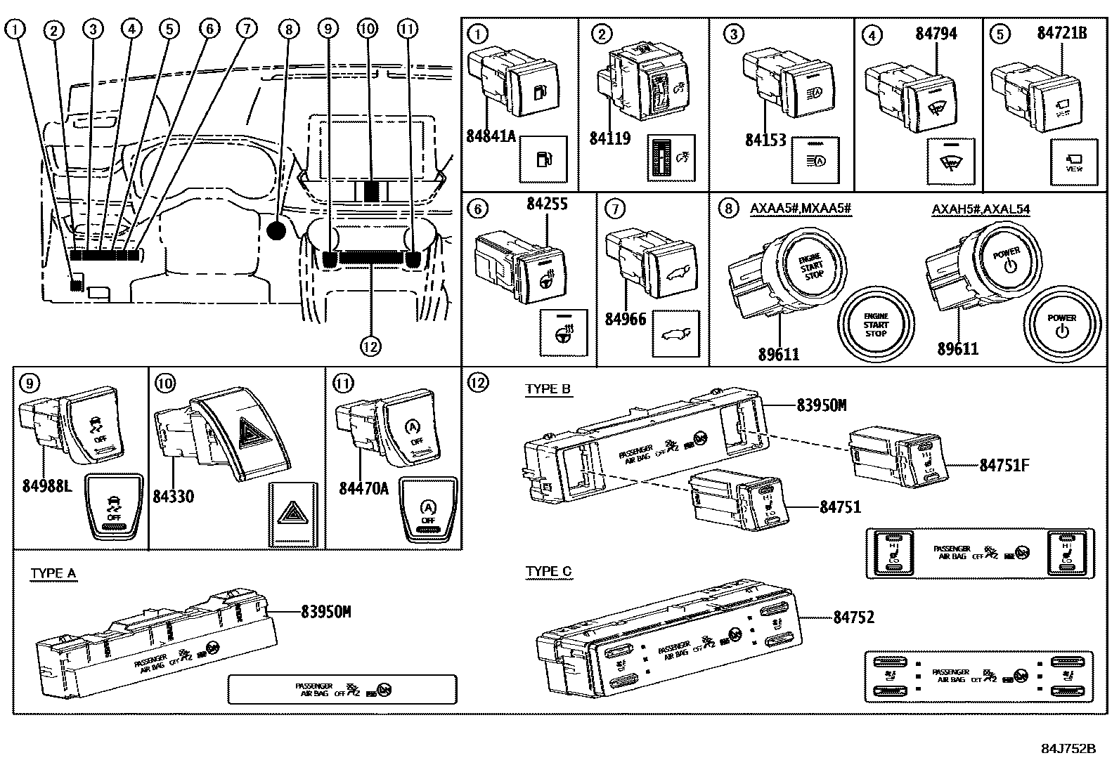 Toyota RAV4 开关和继电器和ECU EPC diagram — 84J752B