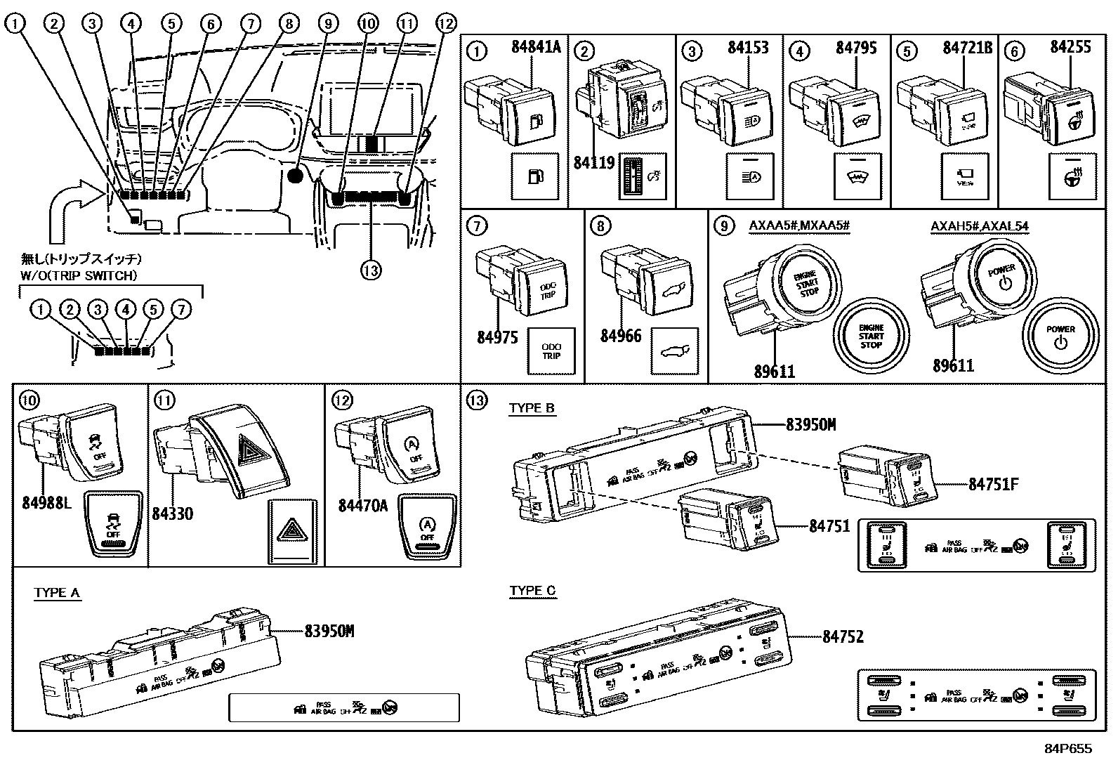 Toyota RAV4 开关和继电器和ECU EPC diagram — 84P655