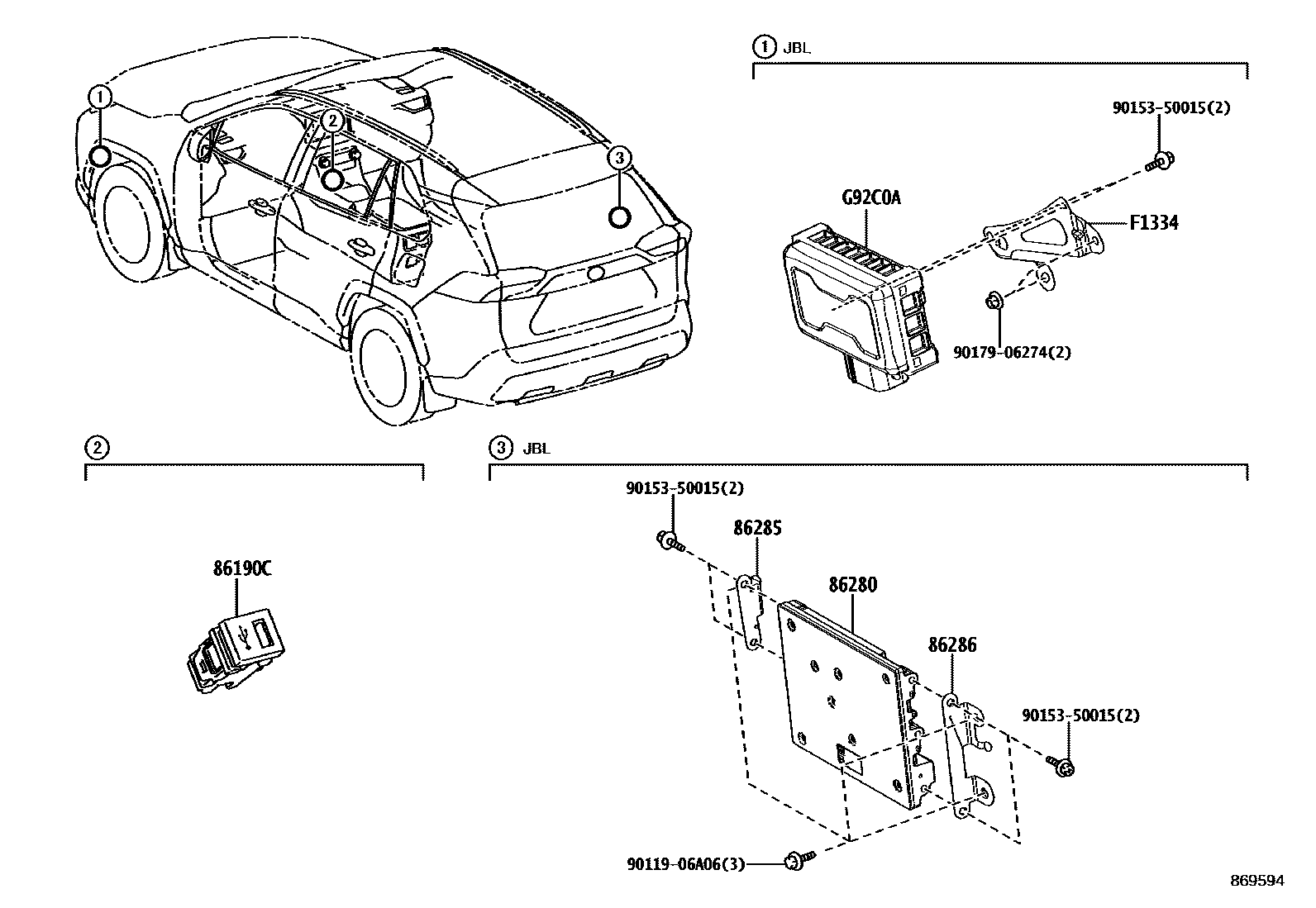 Toyota RAV4 收音机、放大器和冷凝器 EPC diagram — 869594