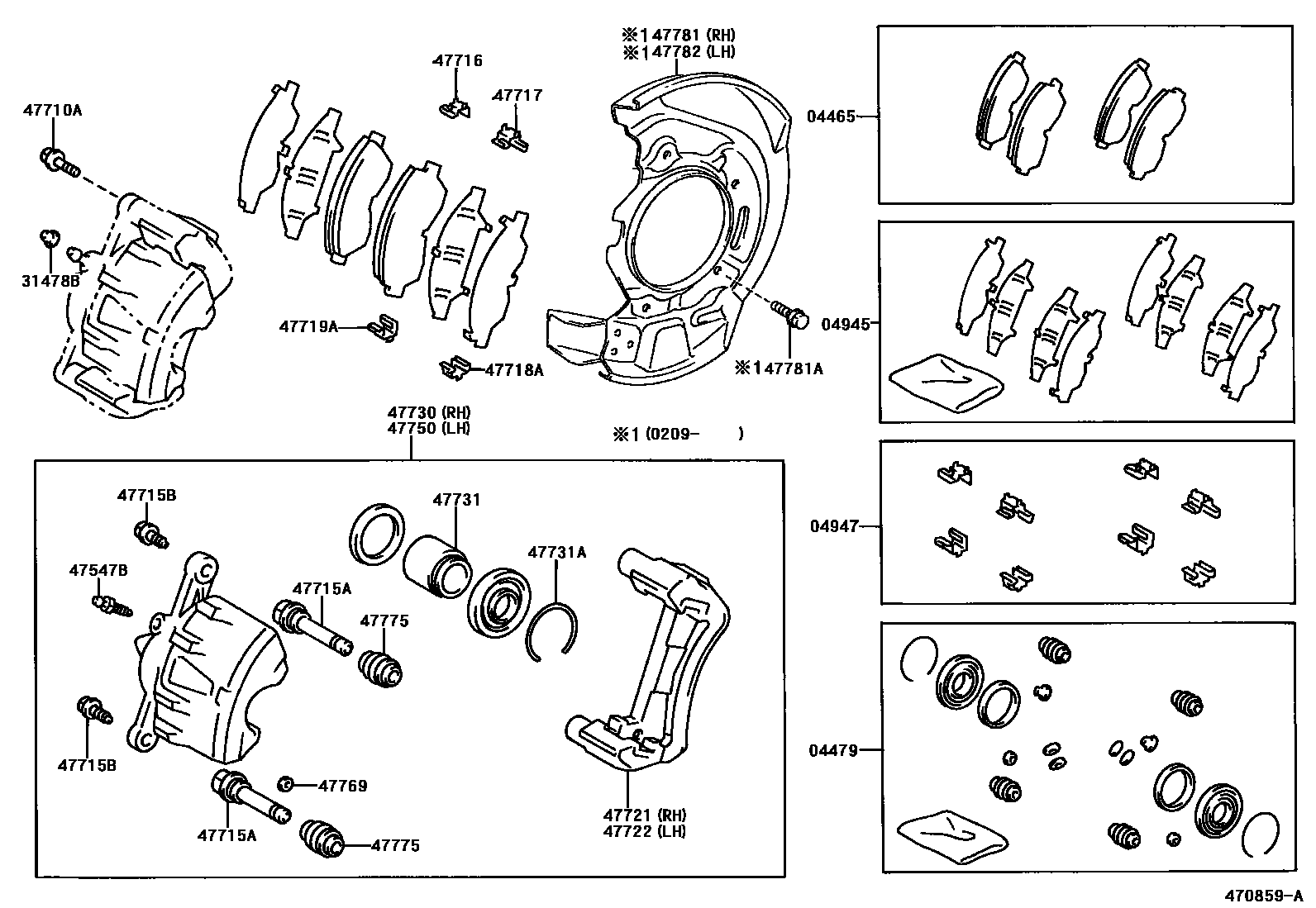 Toyota RAV4 前盘式制动器卡钳和防尘罩 EPC diagram — 470859A