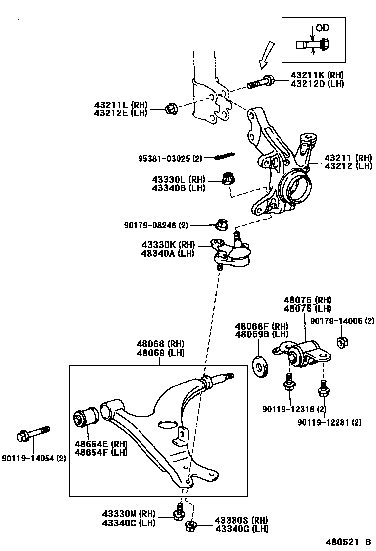 Toyota RAV4 前桥控制臂和转向节 EPC diagram — 480521B