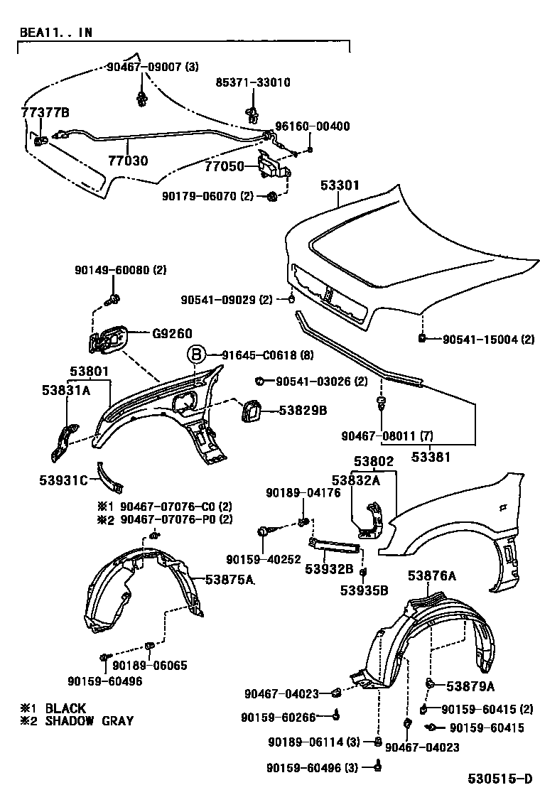 Toyota RAV4 发动机盖和前翼子板 EPC diagram — 530515D