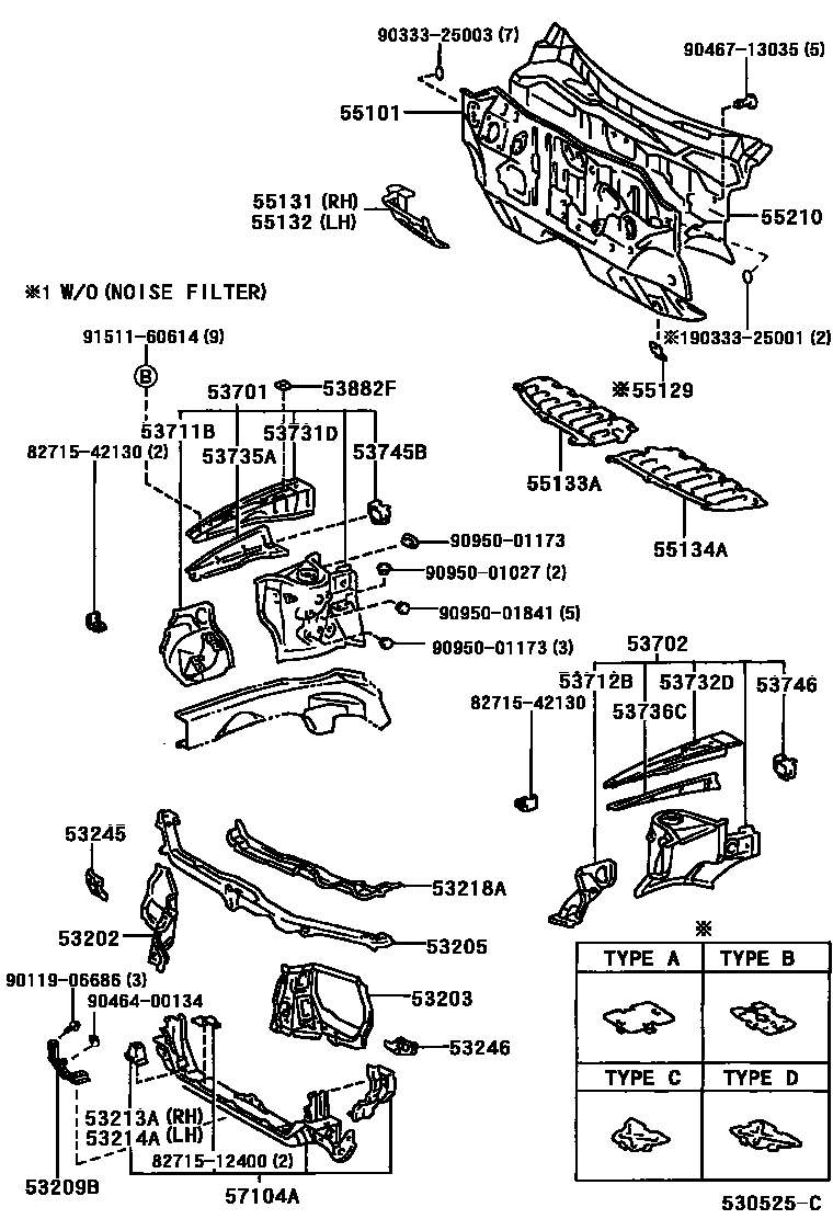 Toyota RAV4 前翼子板挡泥板和前围板 EPC diagram — 530525C