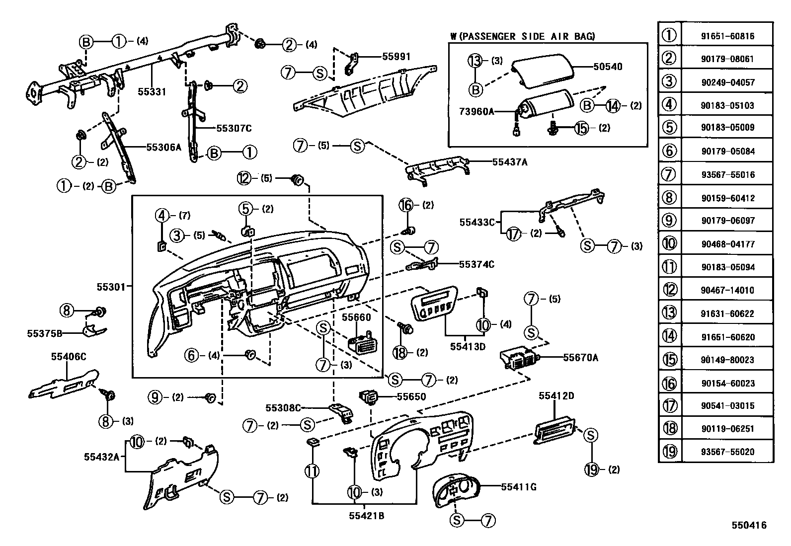 Toyota RAV4 仪表板和手套箱 EPC diagram — 550416