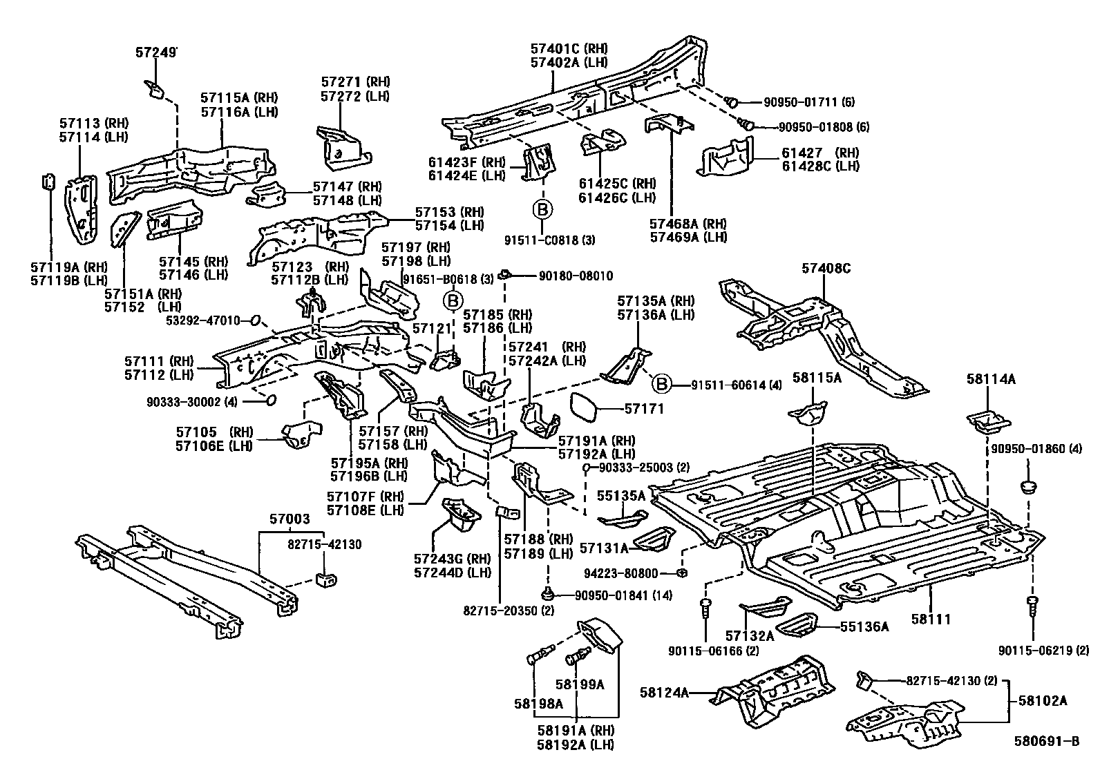 Toyota RAV4 前地板和前地板梁 EPC diagram — 580691B