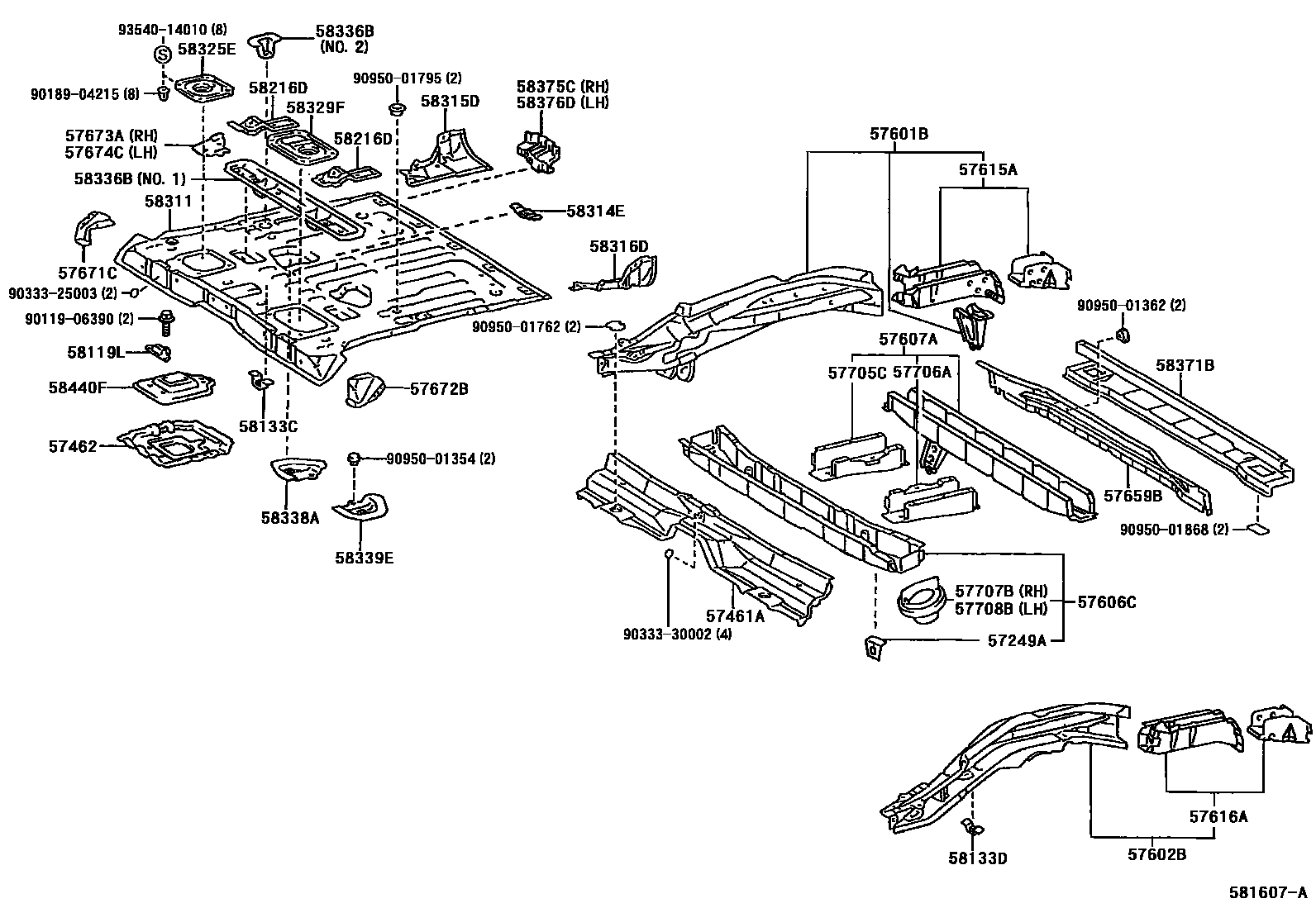 Toyota RAV4 后地板和后地板梁 EPC diagram — 581607A