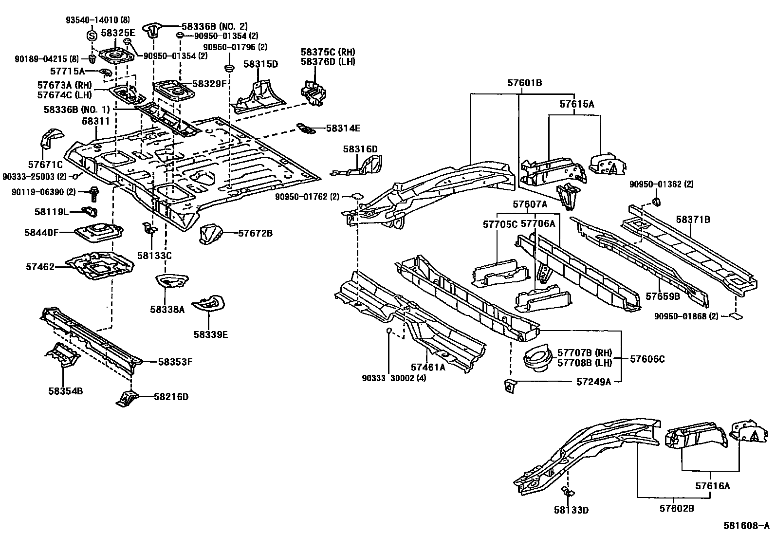 Toyota RAV4 后地板和后地板梁 EPC diagram — 581608A