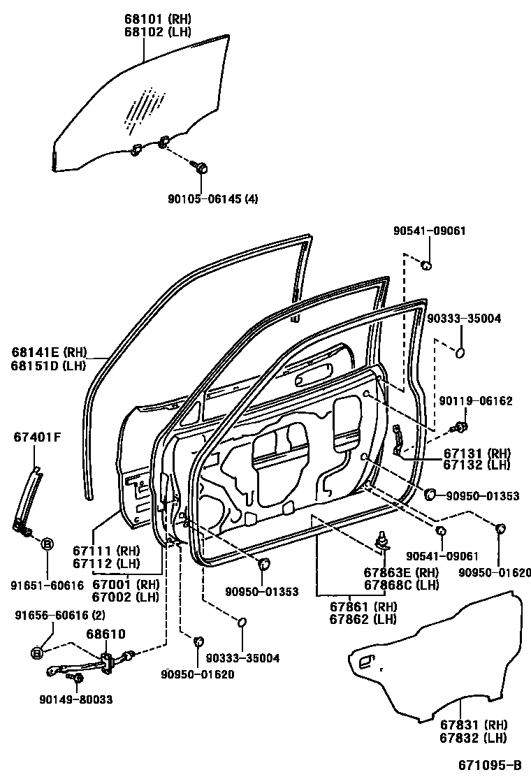 Toyota RAV4 前门板和前门玻璃 EPC diagram — 671095B