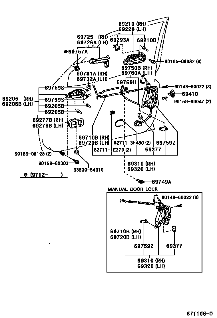 Toyota RAV4 前门锁和车门把手 EPC diagram — 671106C
