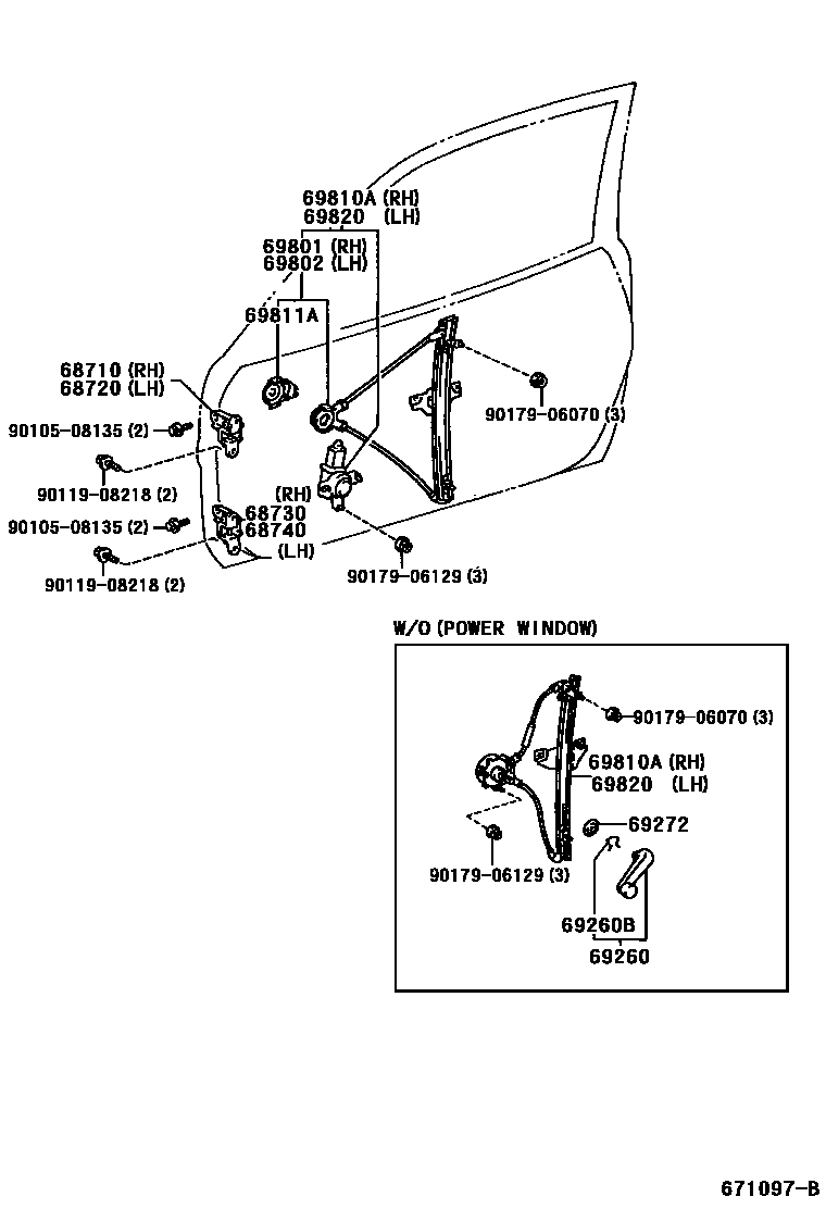 Toyota RAV4 前门车窗升降器和合页 EPC diagram — 671097B