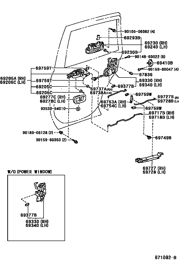 Toyota RAV4 后门锁和后门把手 EPC diagram — 671092B