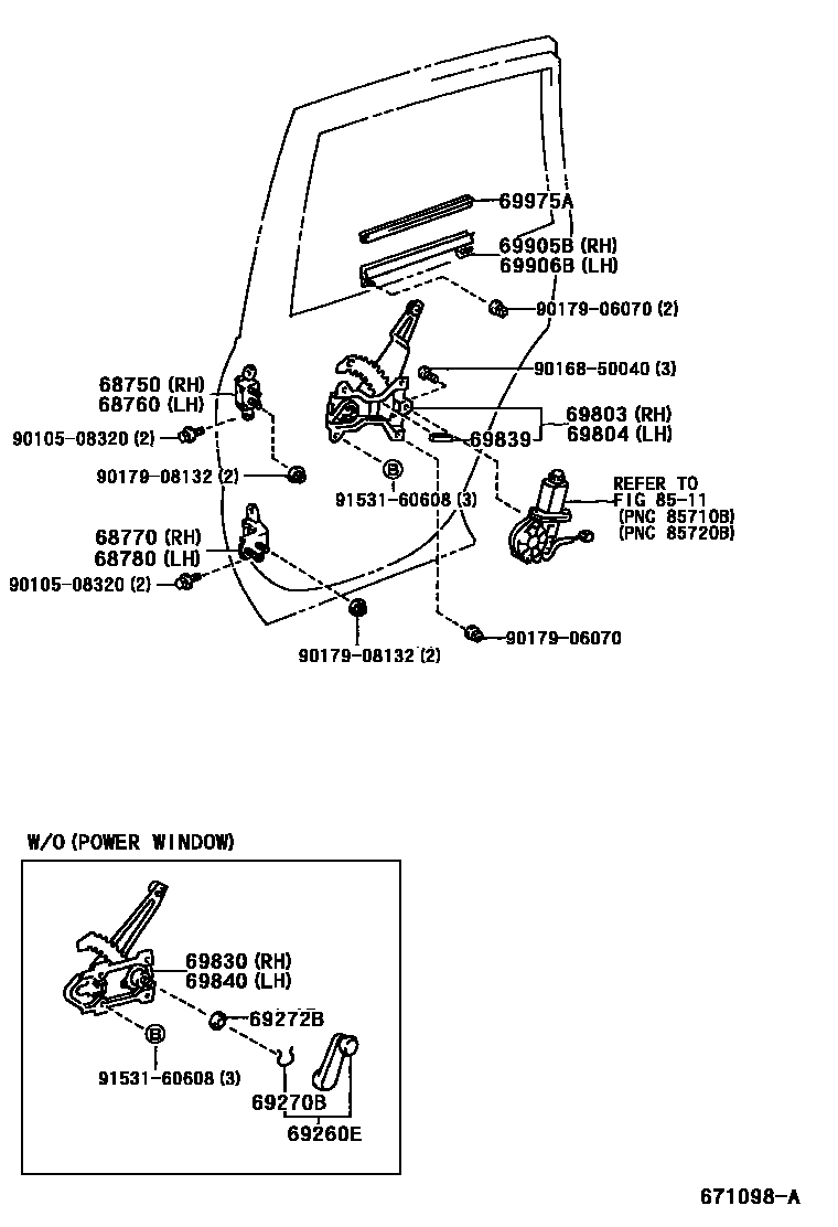 Toyota RAV4 后门车窗升降器和合页 EPC diagram — 671098A