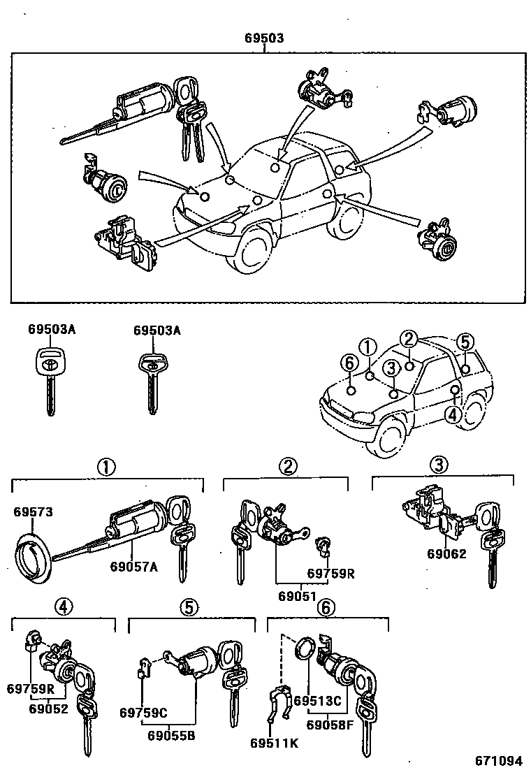 Toyota RAV4 锁芯组件 EPC diagram — 671094