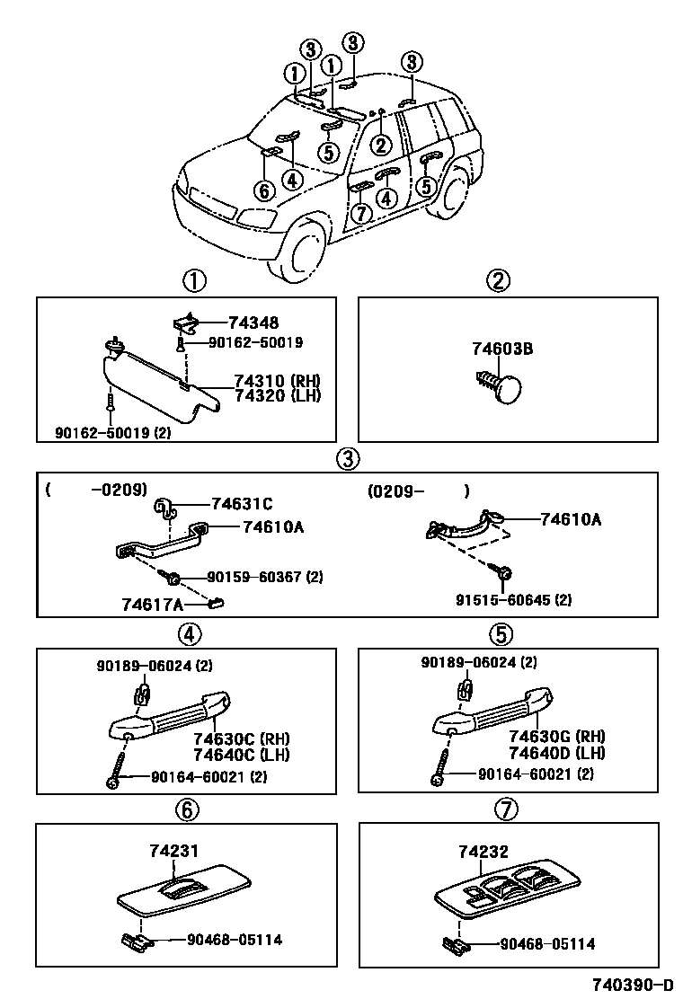 Toyota RAV4 扶手和遮阳板 EPC diagram — 740390D