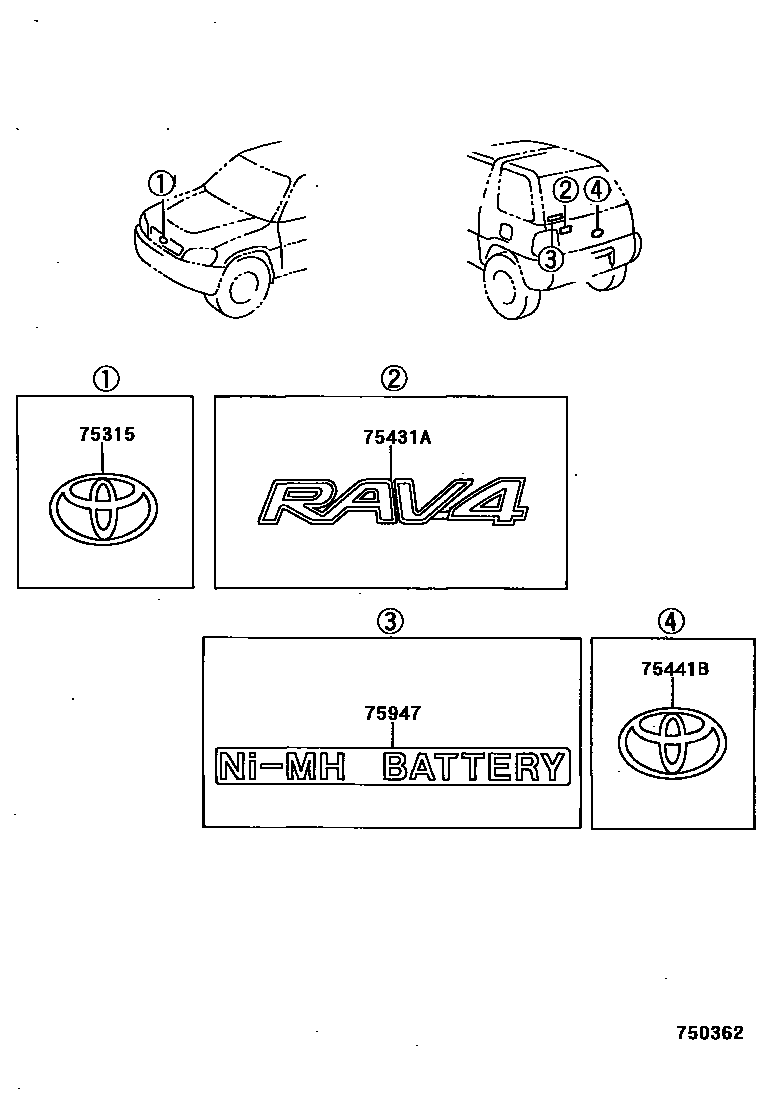 Toyota RAV4 徽标和铭牌 EPC diagram — 750362