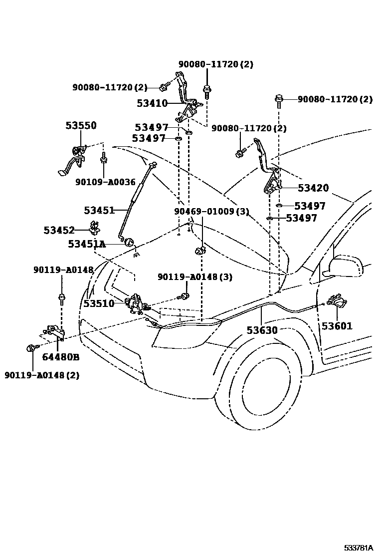 Toyota RAV4 发动机盖锁和铰链 EPC diagram — 533781A