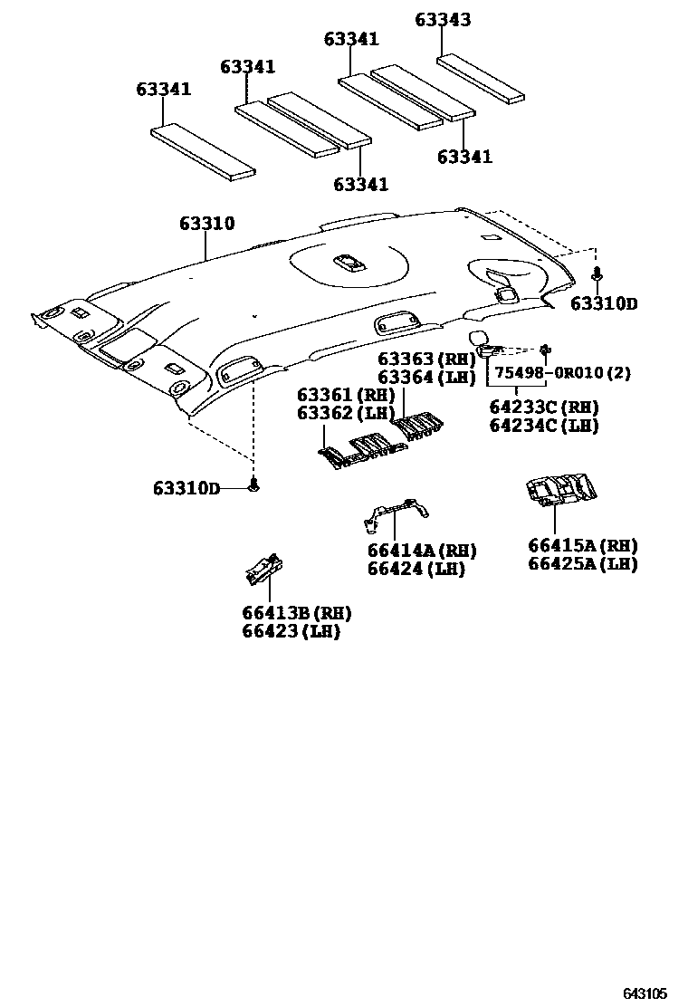 Toyota RAV4 车顶内衬和消声垫 EPC diagram — 643105