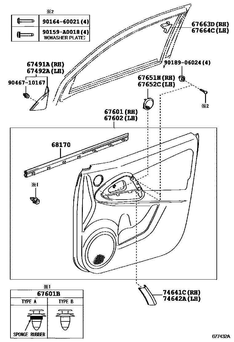 Toyota RAV4 前门板和前门玻璃 EPC diagram — 677432A