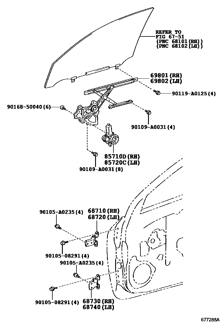 Toyota RAV4 前门车窗升降器和合页 EPC diagram — 677288A