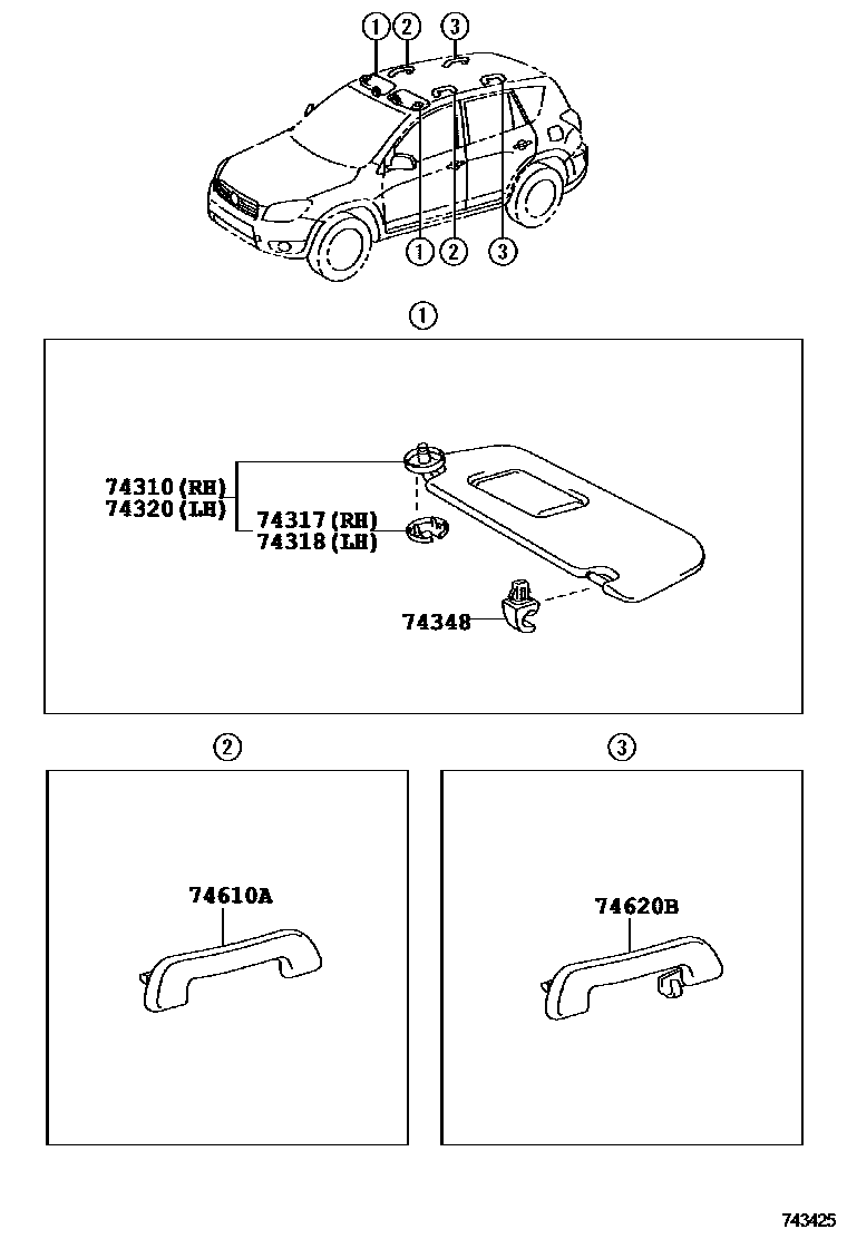 Toyota RAV4 扶手和遮阳板 EPC diagram — 743425