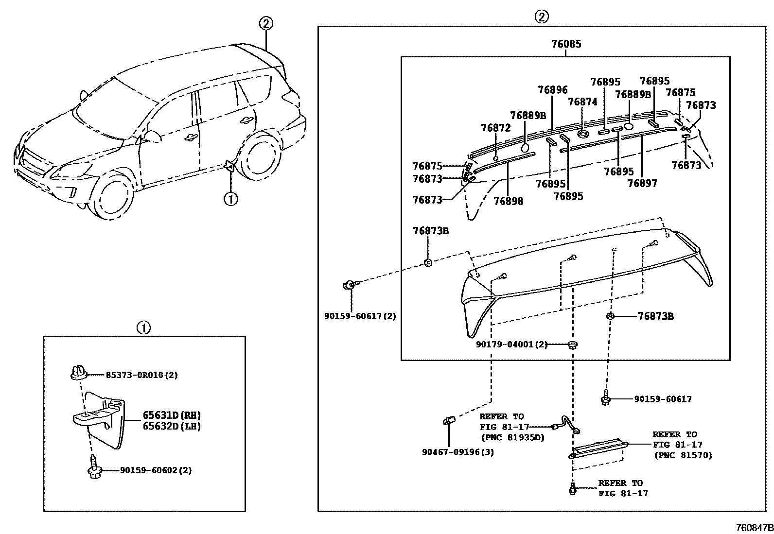 Toyota RAV4 扰流板和侧挡泥板 EPC diagram — 760847B