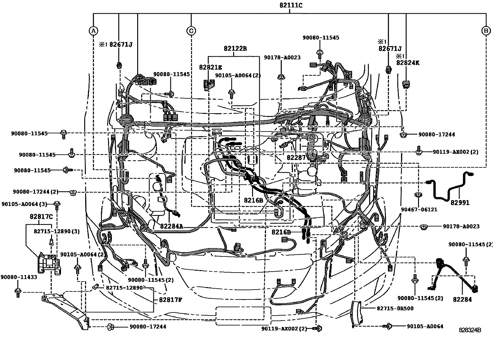 Toyota RAV4 线束和卡夹 EPC diagram — 828324B