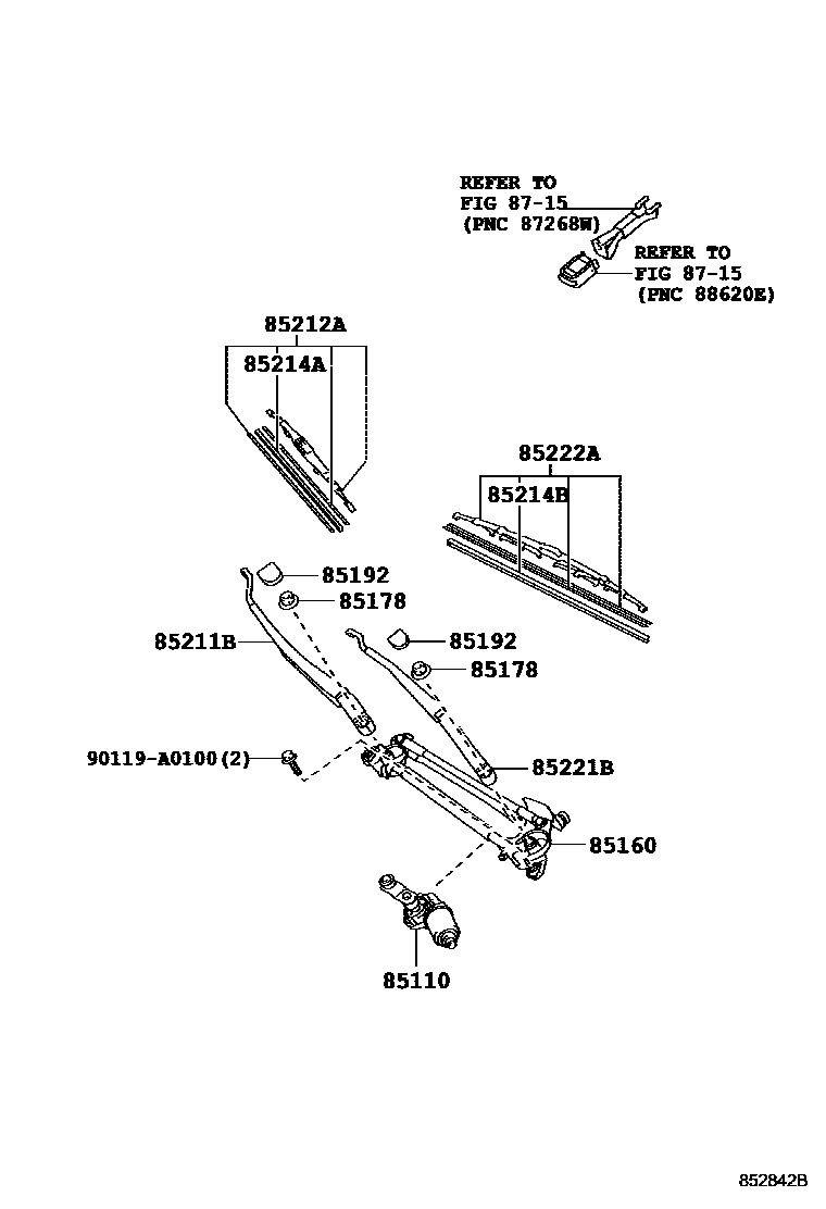 Toyota RAV4 挡风玻璃刮水器 EPC diagram — 852842B