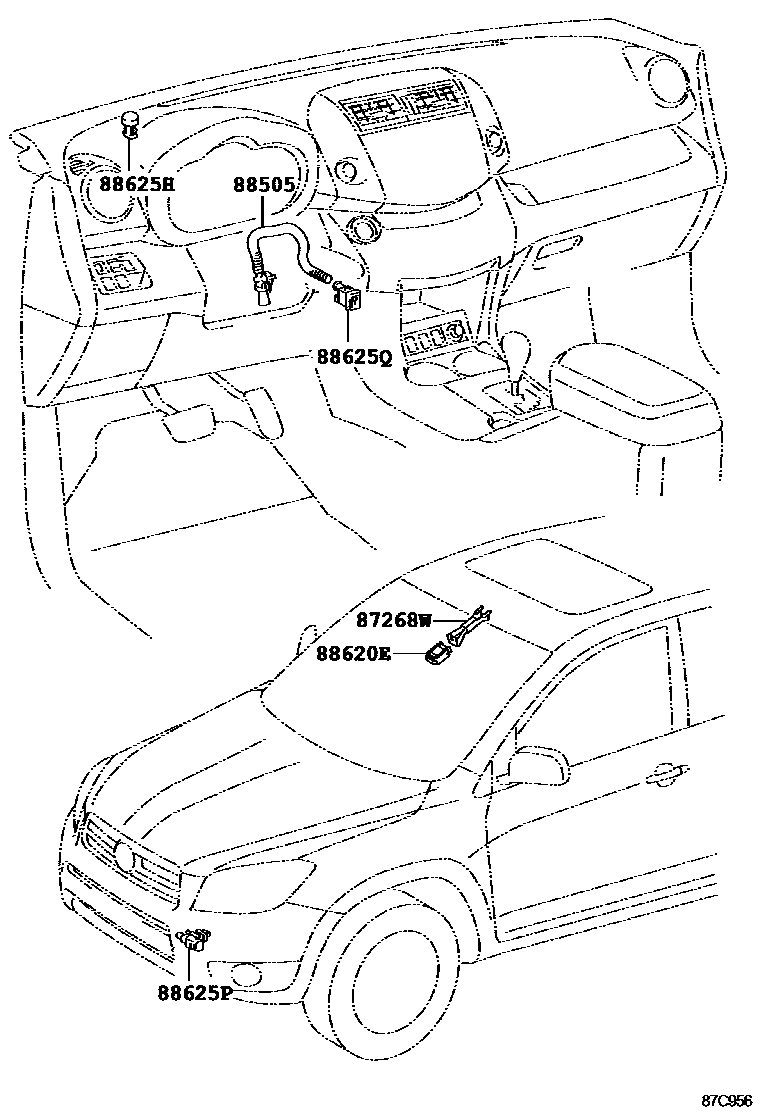 Toyota RAV4 暖风和空调系统 - 控制器和风管 EPC diagram — 87C956