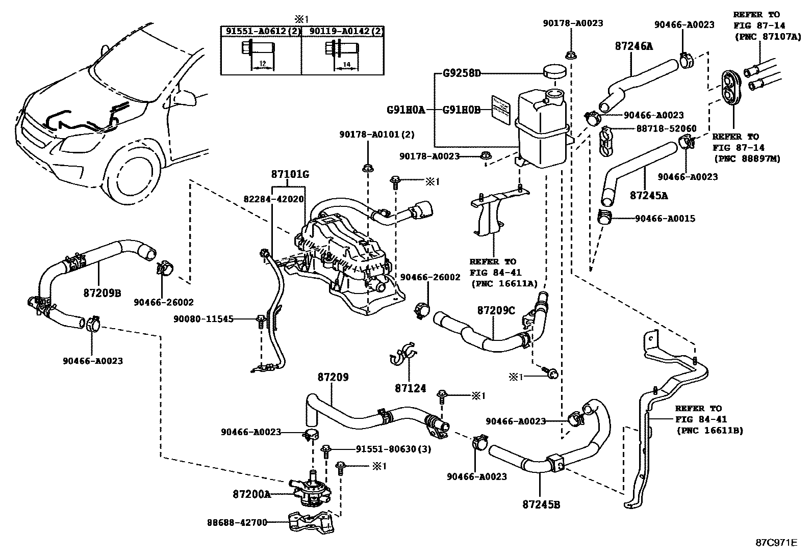 Toyota RAV4 暖风和空调系统 - 水管 EPC diagram — 87C971E