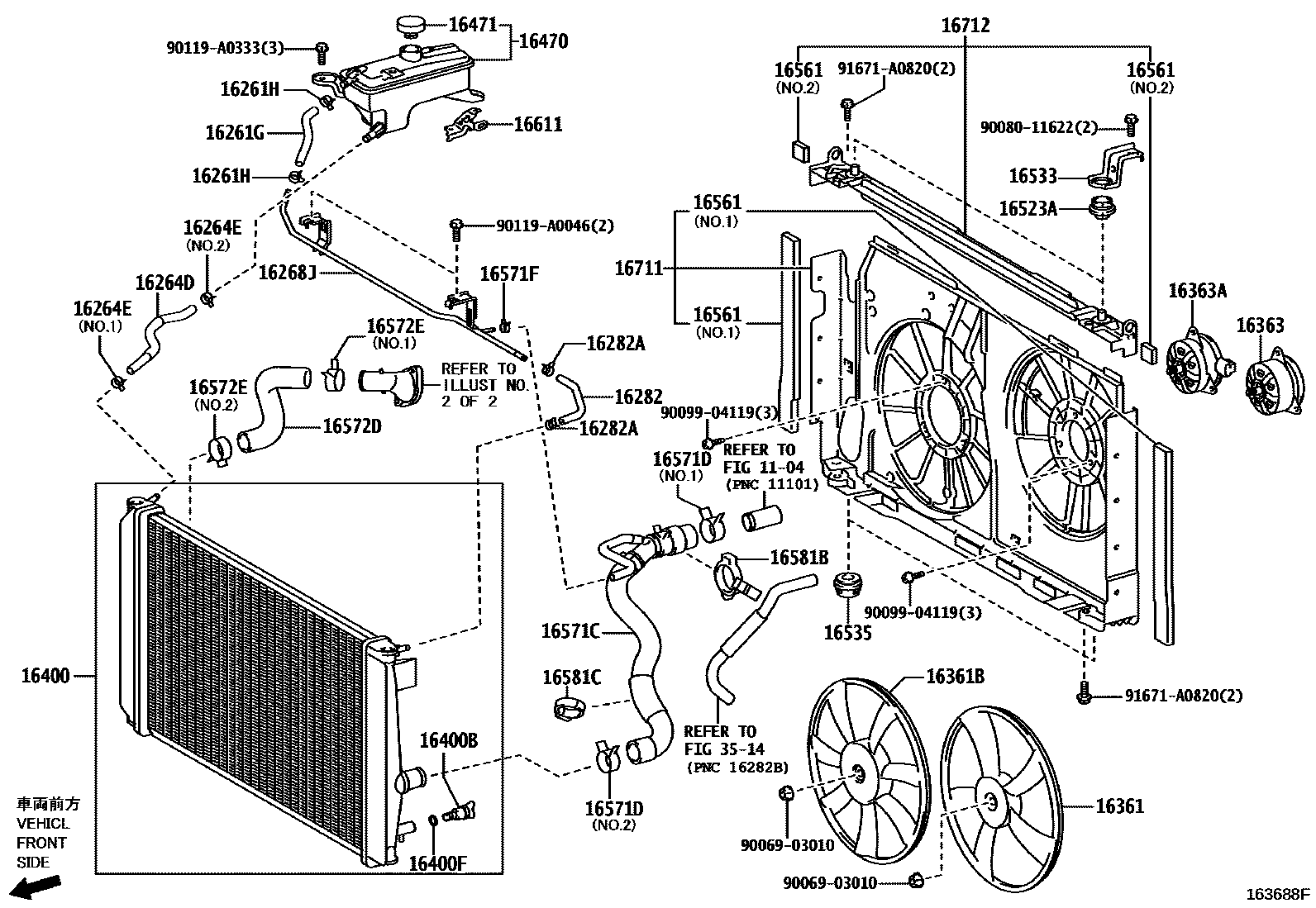 Toyota RAV4 RADIATOR & WATER OUTLET EPC diagram — 163688F