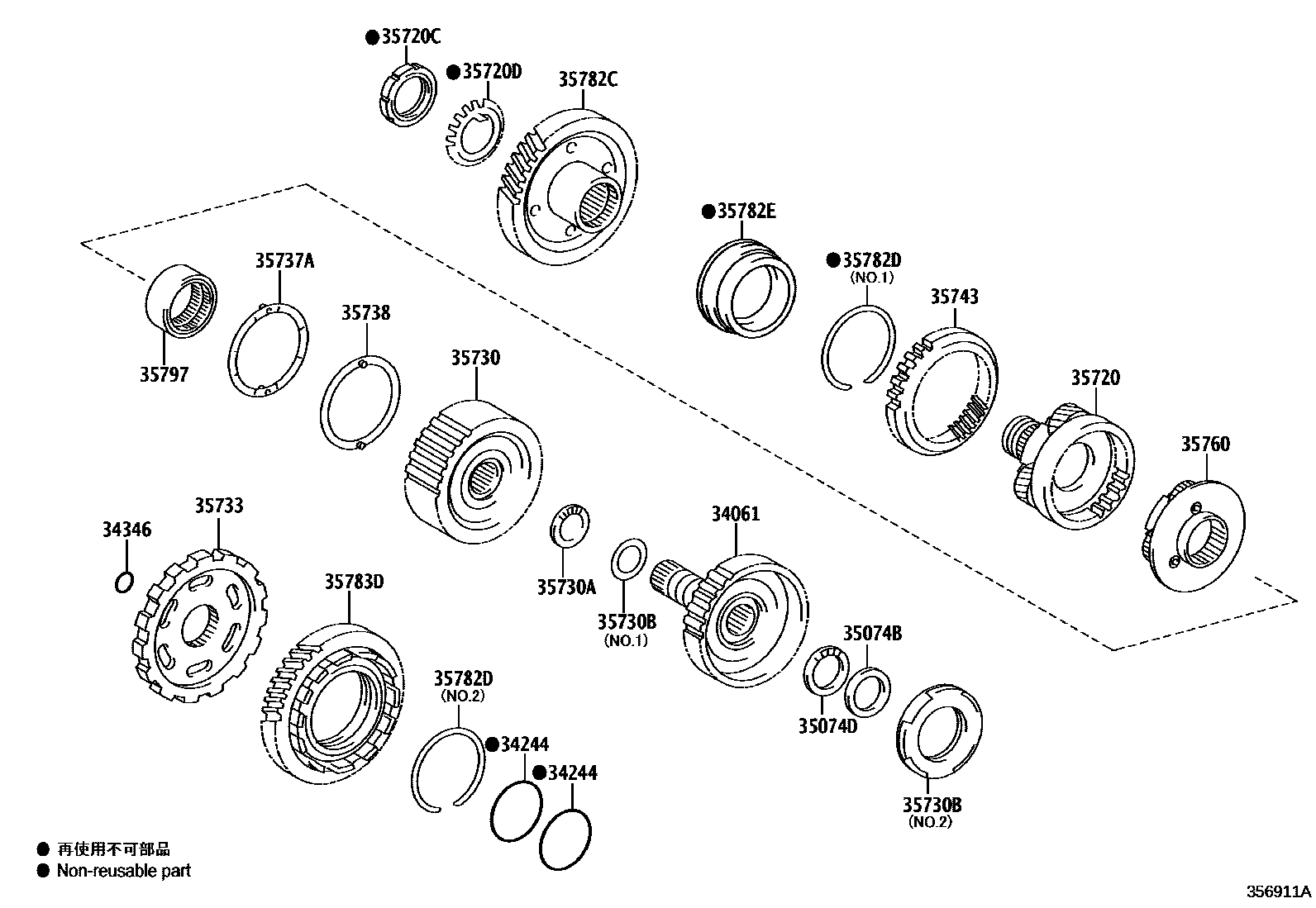 Toyota RAV4 行星齿轮、倒档活塞和中间轴齿轮(ATM) EPC diagram — 356911A