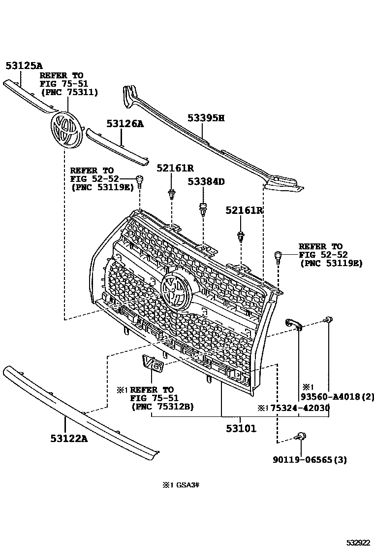 Toyota RAV4 radiator grille EPC diagram — 532922