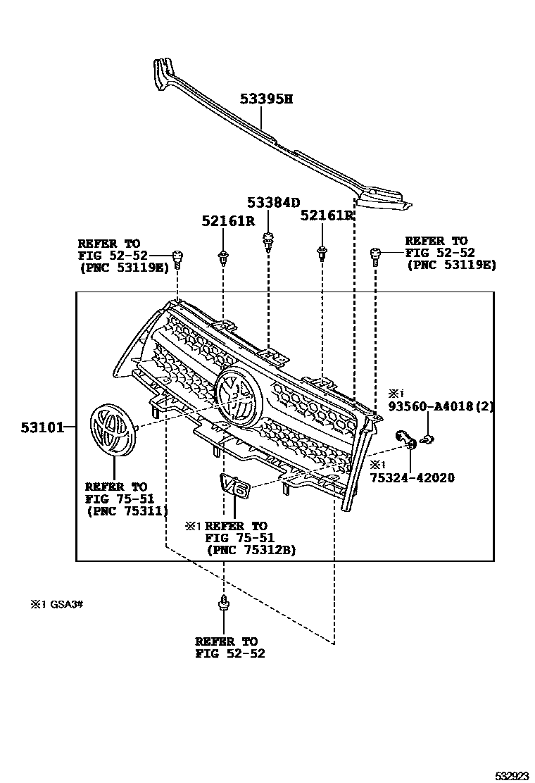 Toyota RAV4 radiator grille EPC diagram — 532923