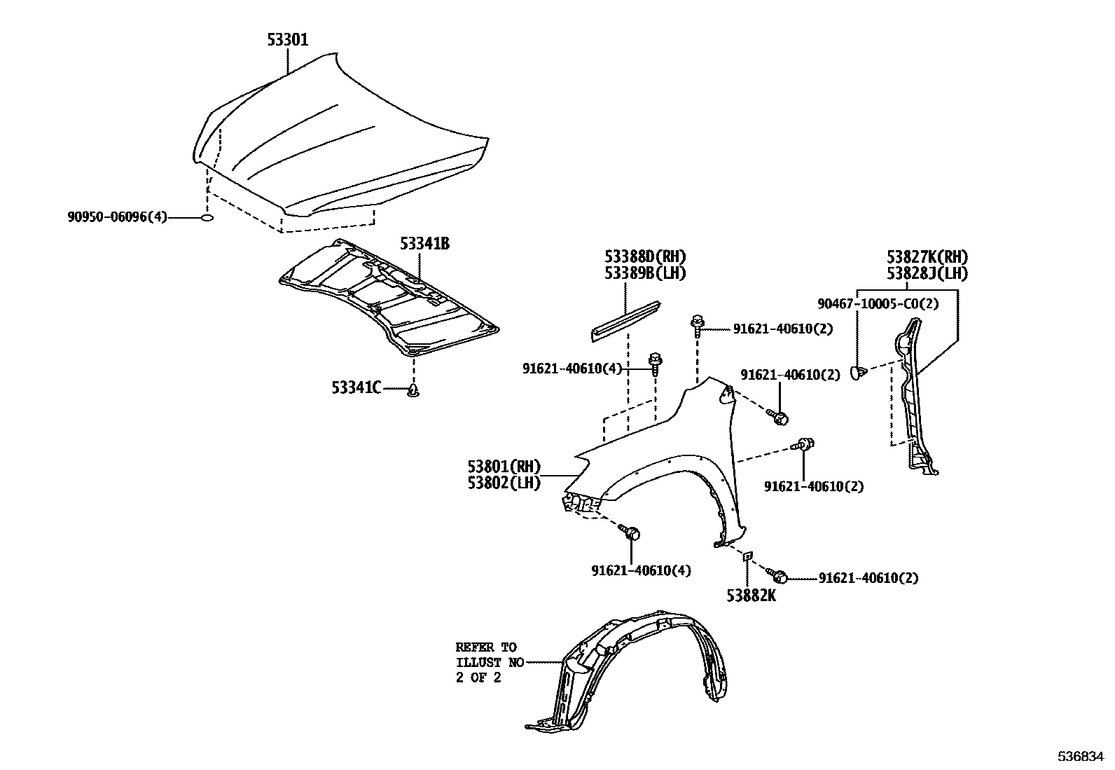 Toyota RAV4 发动机盖和前翼子板 EPC diagram — 536834