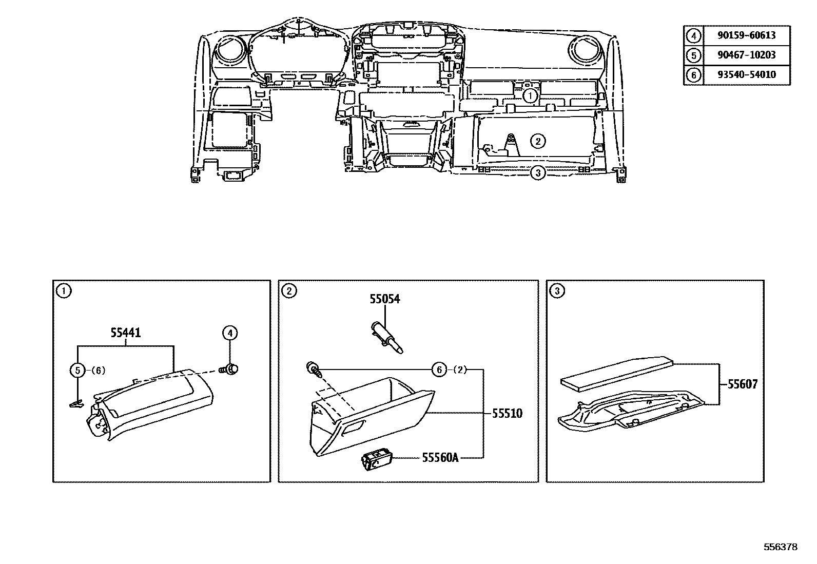 Toyota RAV4 仪表板和手套箱 EPC diagram — 556378