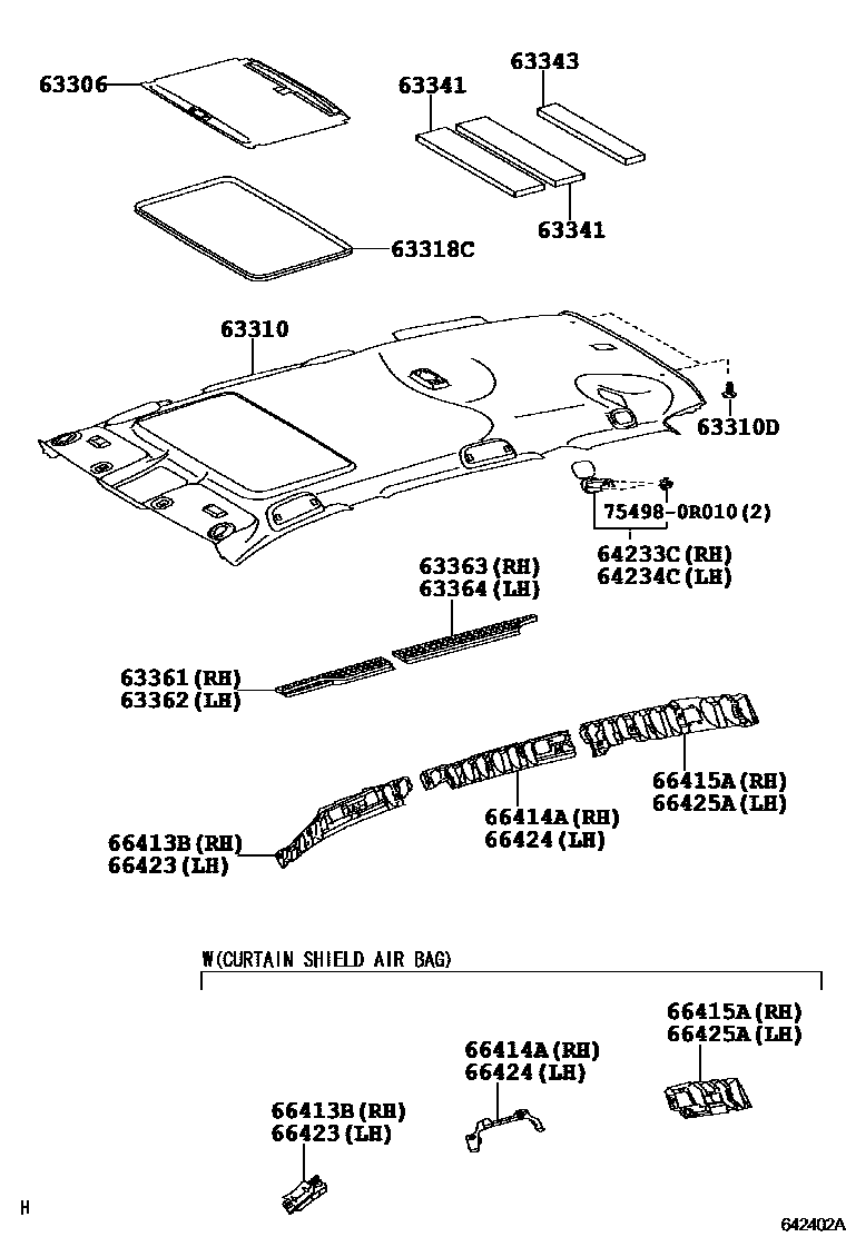 Toyota RAV4 车顶内衬和消声垫 EPC diagram — 642402A