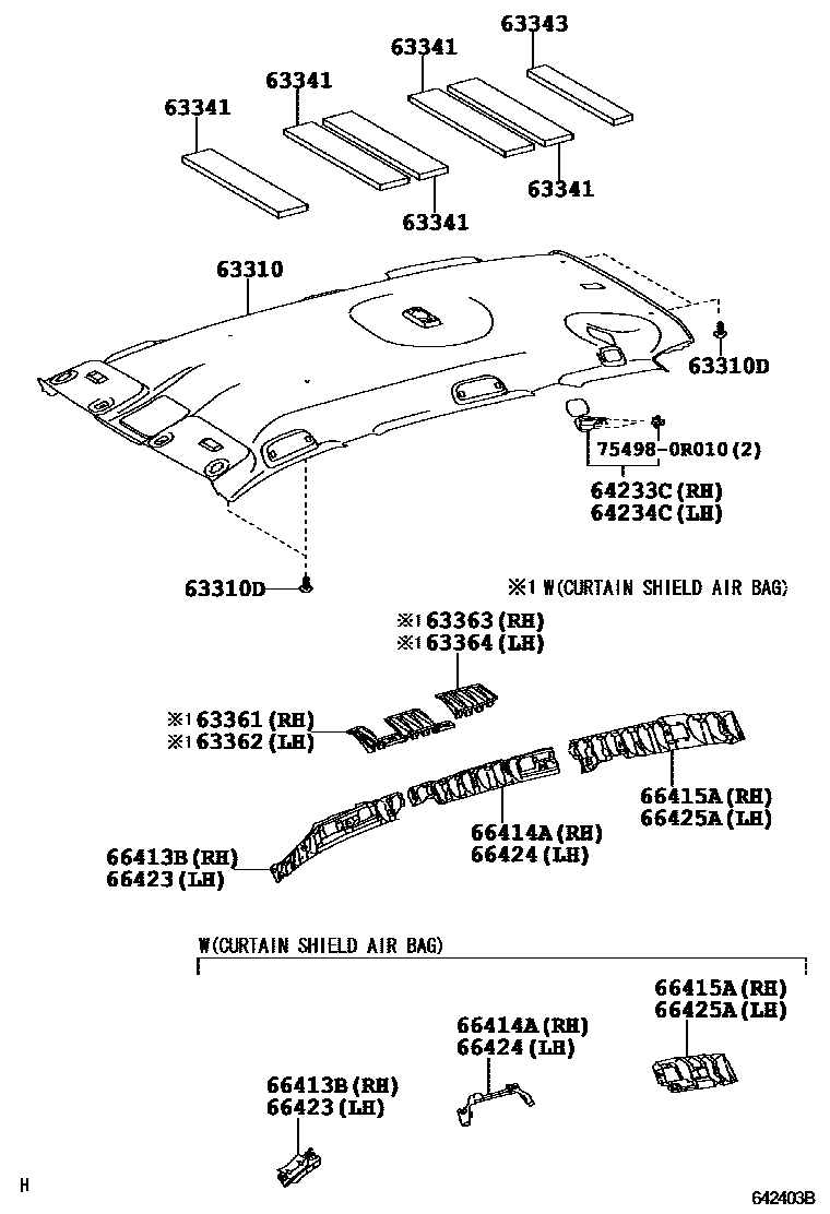 Toyota RAV4 车顶内衬和消声垫 EPC diagram — 642403B