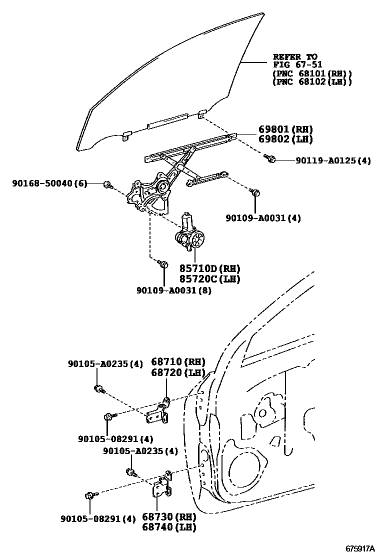 Toyota RAV4 前门车窗升降器和合页 EPC diagram — 675917A