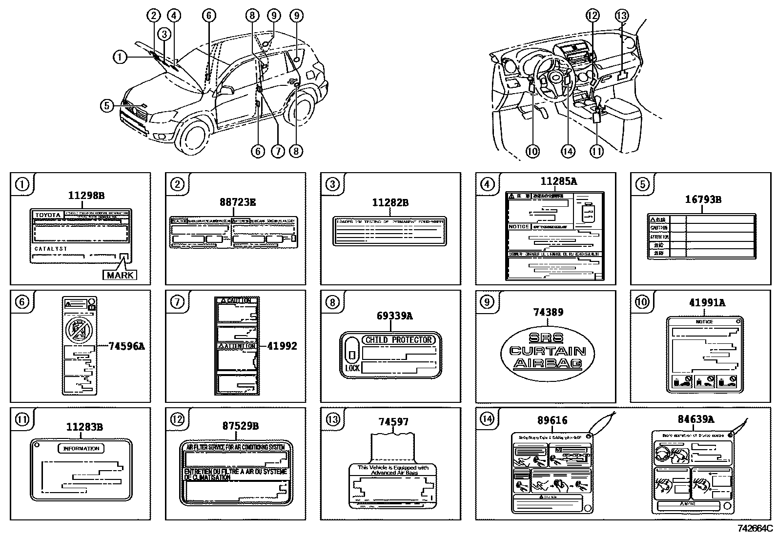 Toyota RAV4 warning nameplate EPC diagram — 742664C