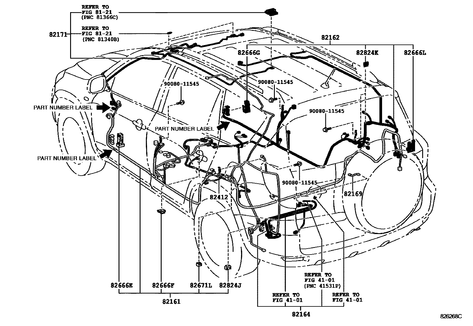 Toyota RAV4 线束和卡夹 EPC diagram — 826268C