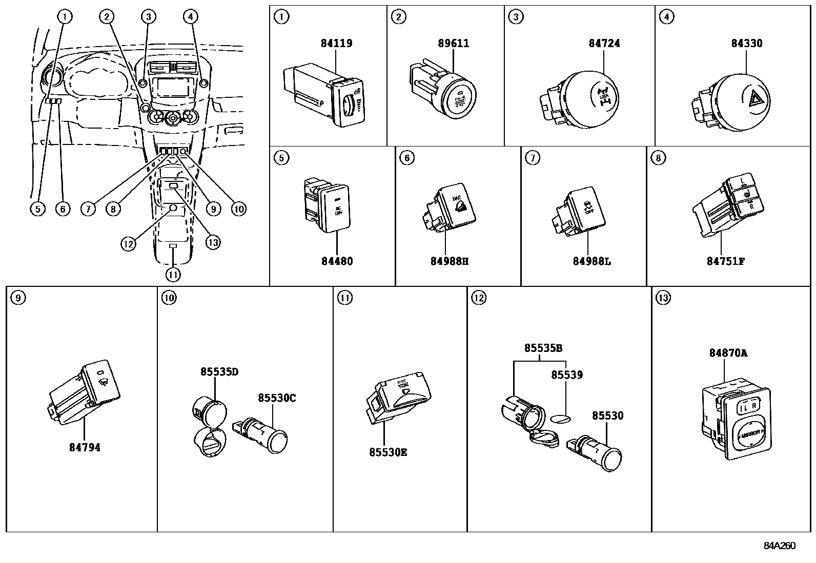 Toyota RAV4 开关和继电器和ECU EPC diagram — 84A260