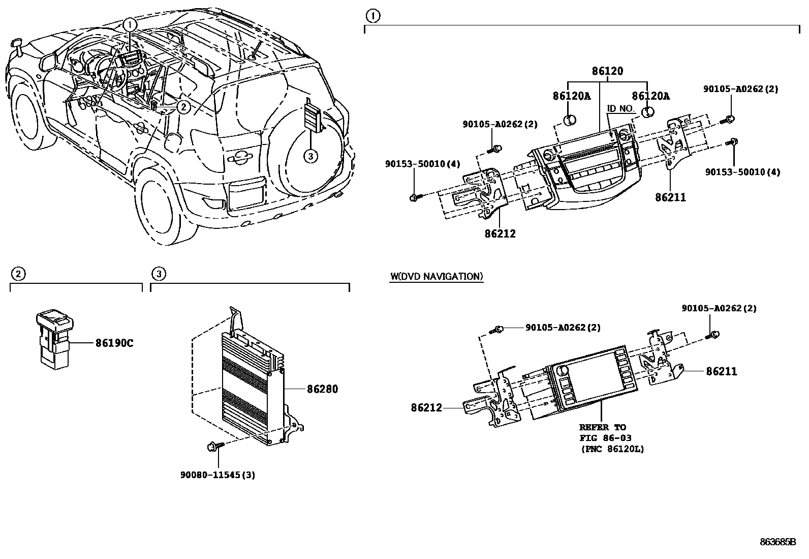 Toyota RAV4 收音机、放大器和冷凝器 EPC diagram — 863685B