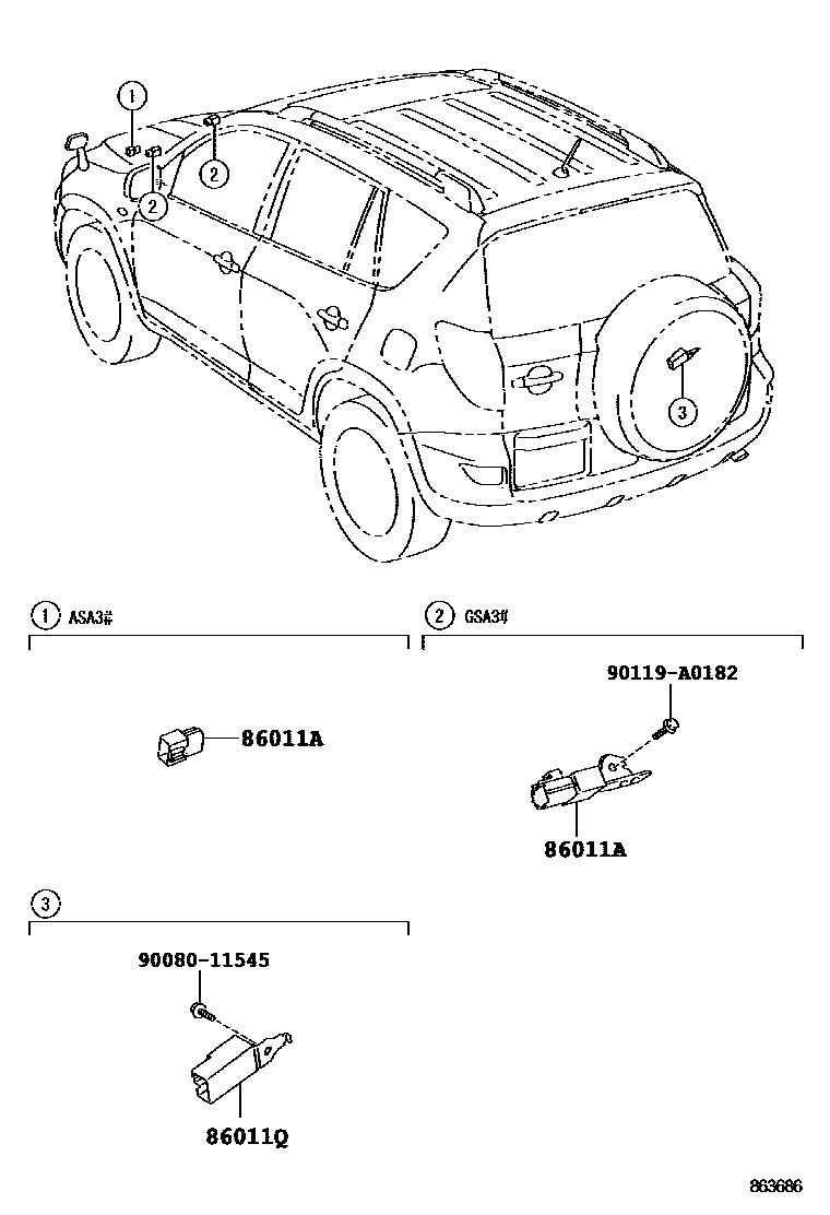 Toyota RAV4 收音机、放大器和冷凝器 EPC diagram — 863686