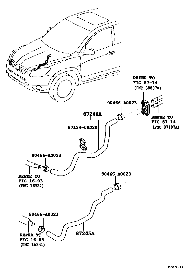 Toyota RAV4 暖风和空调系统 - 水管 EPC diagram — 87A563B