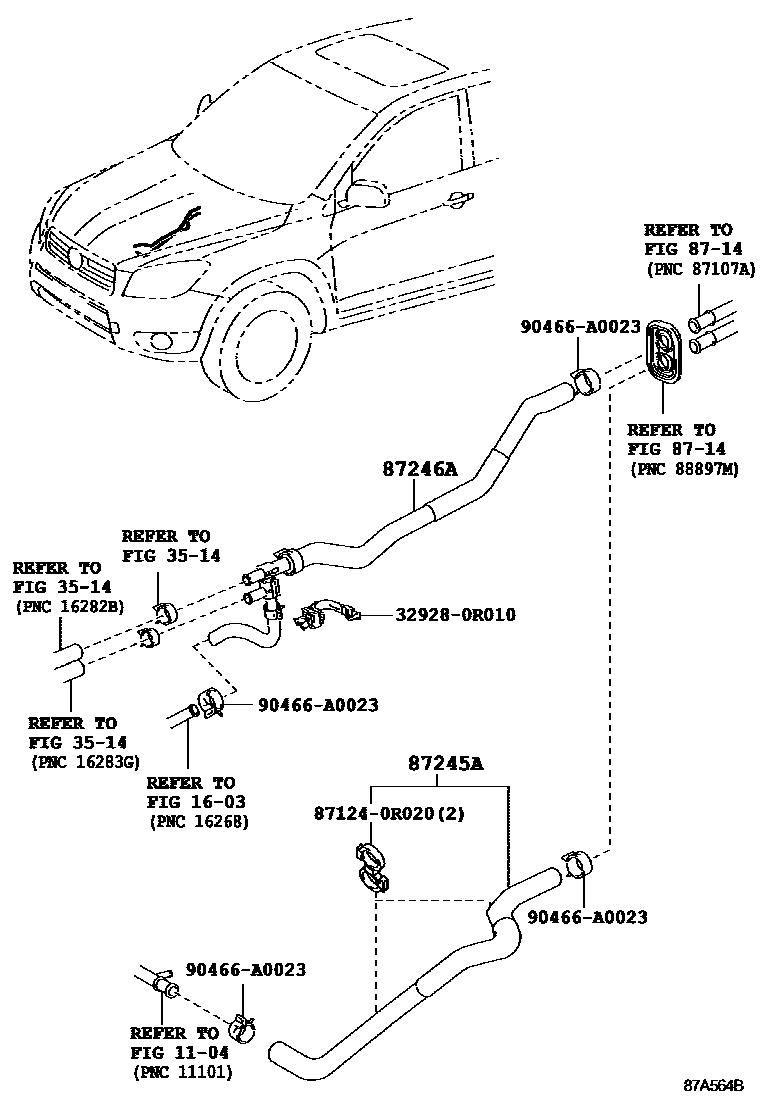 Toyota RAV4 暖风和空调系统 - 水管 EPC diagram — 87A564B