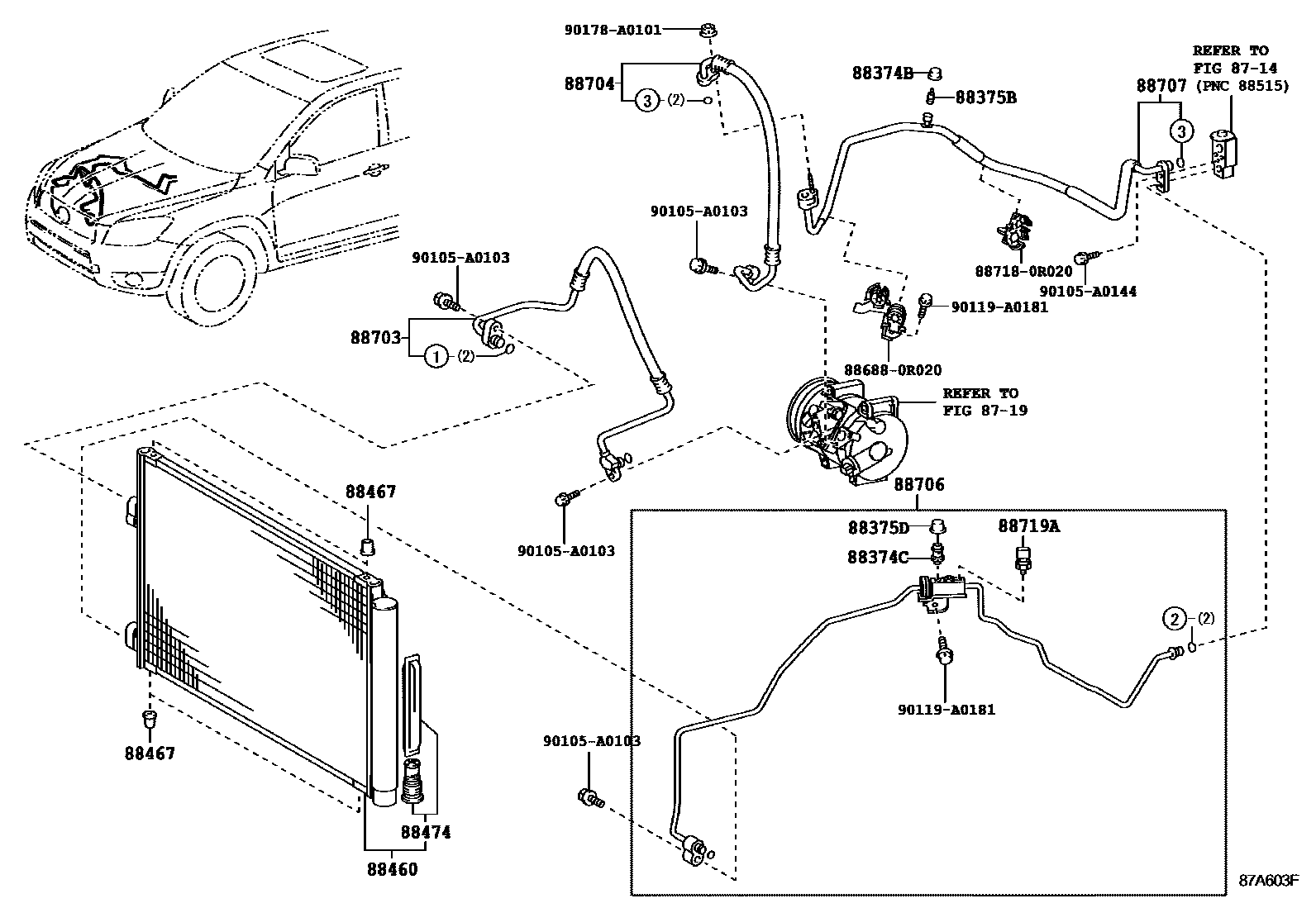 Toyota RAV4 Heating & Air Conditioning - Cooler Piping EPC diagram — 87A603F